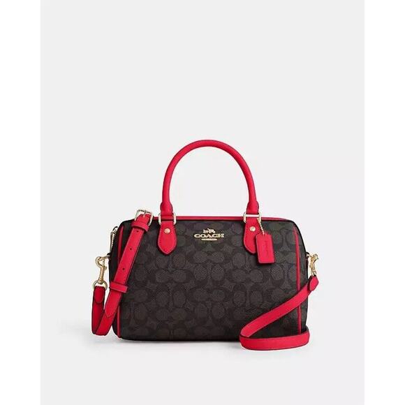 NWT Coach Rowan Satchel In Signature Canvas CV961 Walnut /Bold Red - Picture 4 of 9